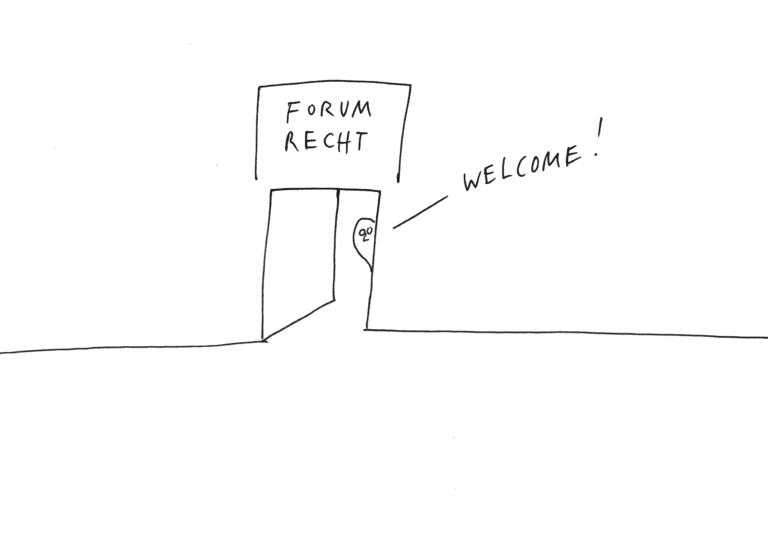Schwarz-weiß Zeichnung einer abstrakten Tür über der Forum Recht steht und eine Figur rausschaut und "Welcome" sagt