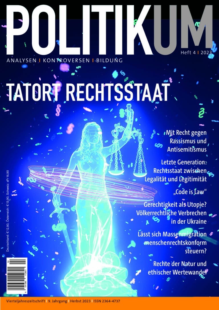 Titelbild der Zeitschrift POLITIKUM, Heft 4, 2023: Tatort Rechtsstaat, Leuchtende Justizia mit Schwert und Waage