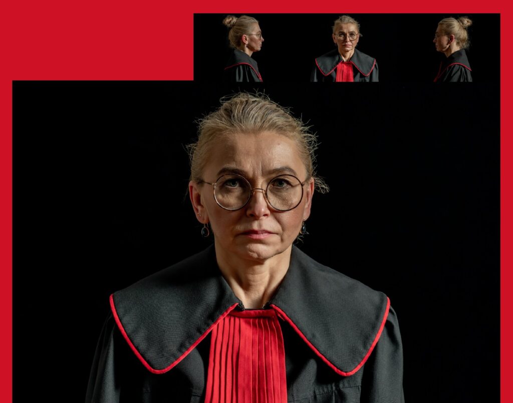 Foto einer Frau vor in schwarz-roter Staatsanwaltsrobe. Sie blickt ernst in die Kamera. Am rechten oberen Bildrand sind drei weitere Profilaufnahmen zu sehen.