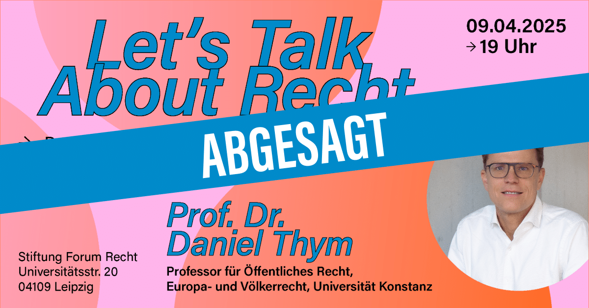 Text-Bild-Collage mit dem Titel der Veranstaltung und einem Porträt des Gastes, Herr Thym. darüber ein banner mit dem Wortlaut: abgesagt!