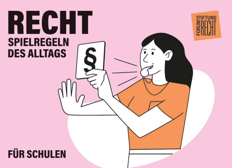 Postkarte für Schulen zur Info über die Lerneinheit mit dem Keyvisual der Ausstellung, einer Frau mit Trillerpfeife und Paragraphen in der Hand.