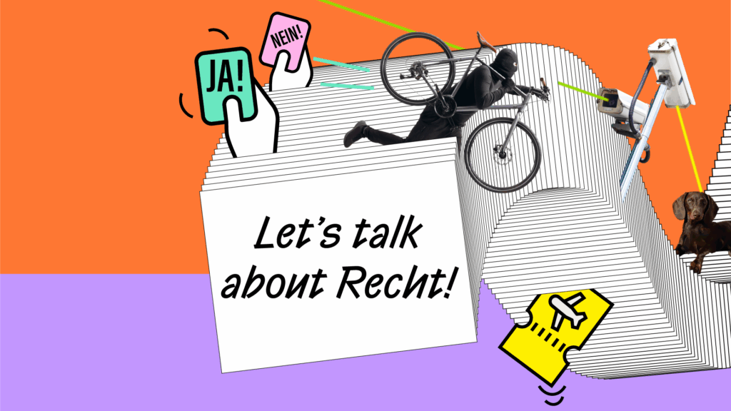 Let´s talk about Recht! Grafik mit verschiedenen Icons und Karten, die die Vielzahl an Rechtsthemen spiegeln.