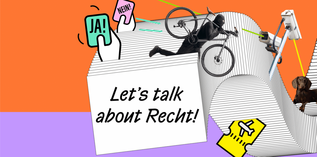 Let´s talk about Recht! Grafik mit verschiedenen Icons und Karten, die die Vielzahl an Rechtsthemen spiegeln.