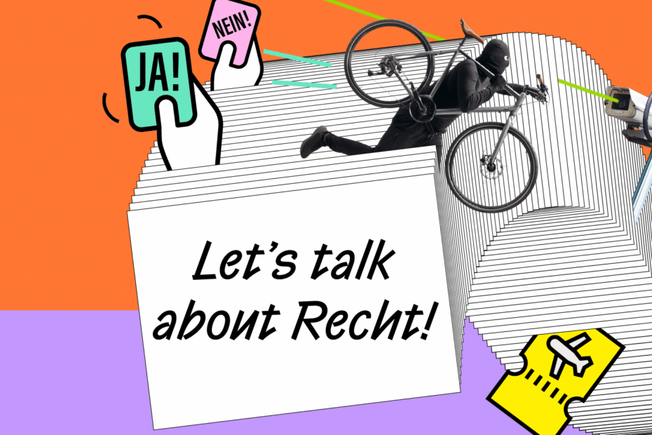 Let´s talk about Recht! Grafik mit verschiedenen Icons und Karten, die die Vielzahl an Rechtsthemen spiegeln.