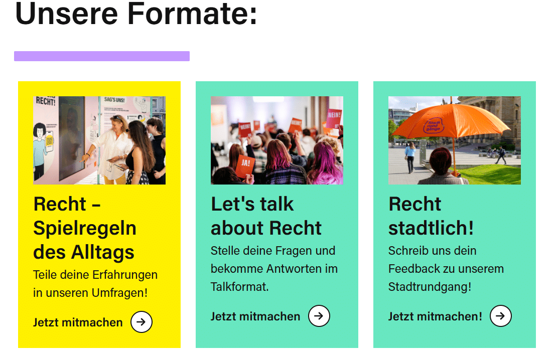 Ein Screenshot der Beteiligungsplattform, in der die unterschiedlichen Formate der Stiftung vorgestellt werden.