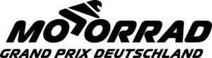 Logo des Motorad Grand Prix Deutschland. Schwarze Schriftzug MOTORAD, zwischen den beiden Os im Wort sitzt ein Männchen, wie auf einer Rennmaschine.