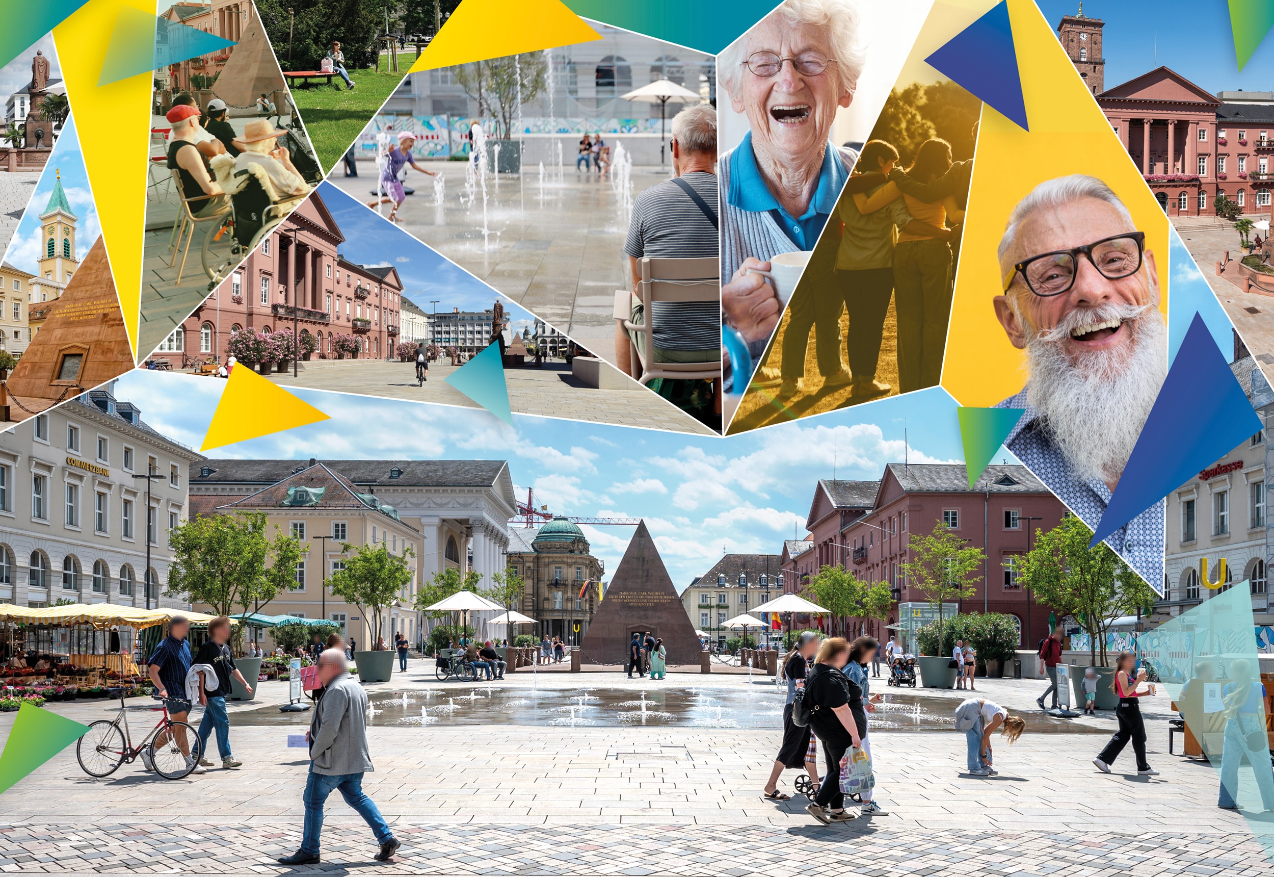 Pressebild zum Karlsruher Symposiun: eine Collage aus Gesichtern von Rentnern und markanten Karlsruher Orten
